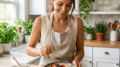 Woman preparing a colorful acai bowl with fresh berries and granola in a bright kitchen