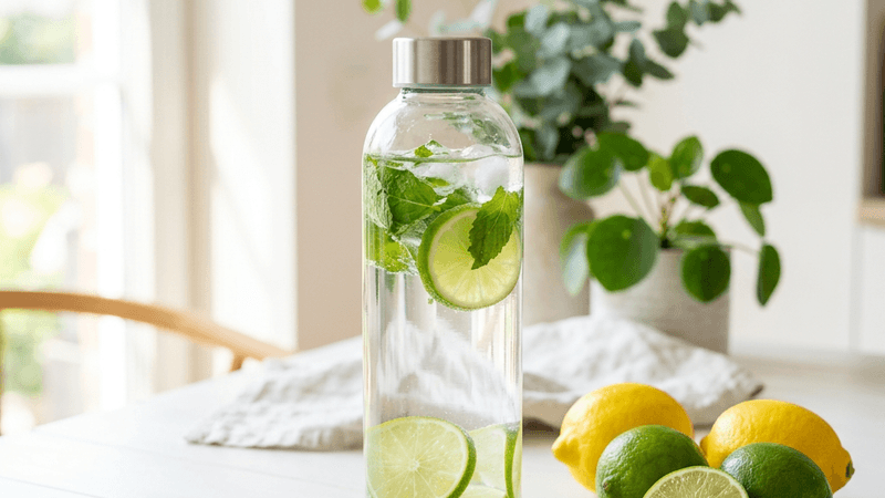 Infused water bottle with lime and mint on a clean table