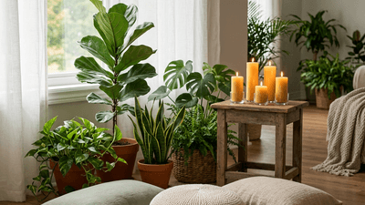 Calm meditation space with candles cushions and indoor plants